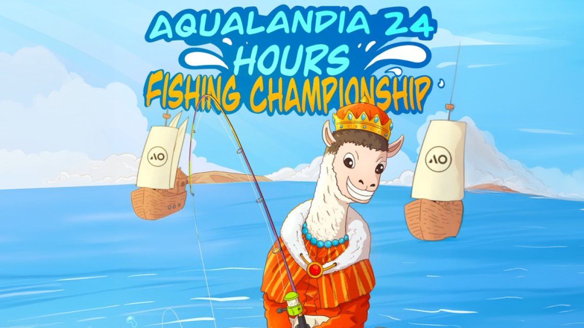 Text reads "AQUALANDIA 24 HOURS FISHING CHAMPIONSHIP". Picture of a Llama dressed as a King with a. fishing rod with an ocean with ships in the background.